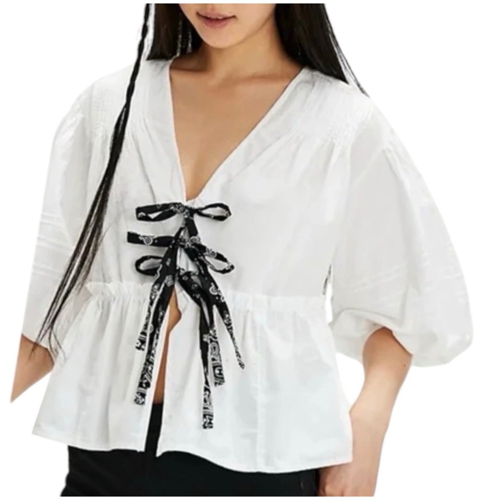 Tricia Fix Free People Bandana-Tie Front White Cotton Blouse Puff Sleeve‎ Size S